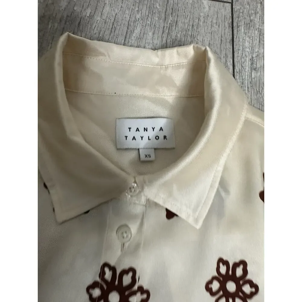 Tanya Taylor Marina Baloon Sleeve Silky Blouse Boho Luxe Resort Button Front XS